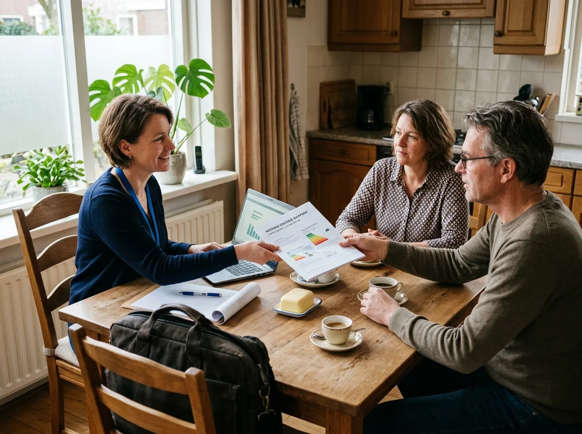 Energielabel-adviseur bespreekt het rapport en de kosten met huiseigenaren