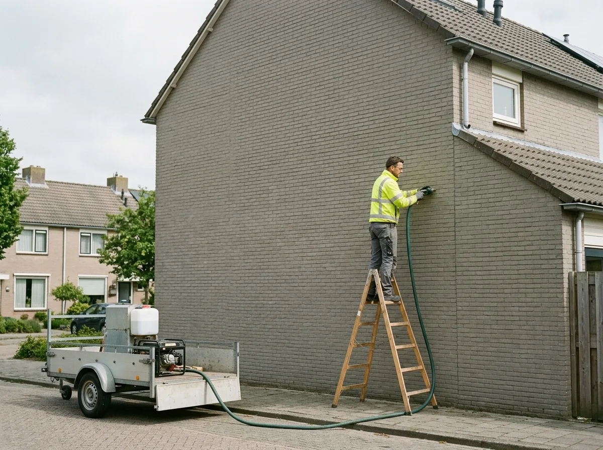 Installateur brengt spouwmuurisolatie aan bij een rijtjeshuis