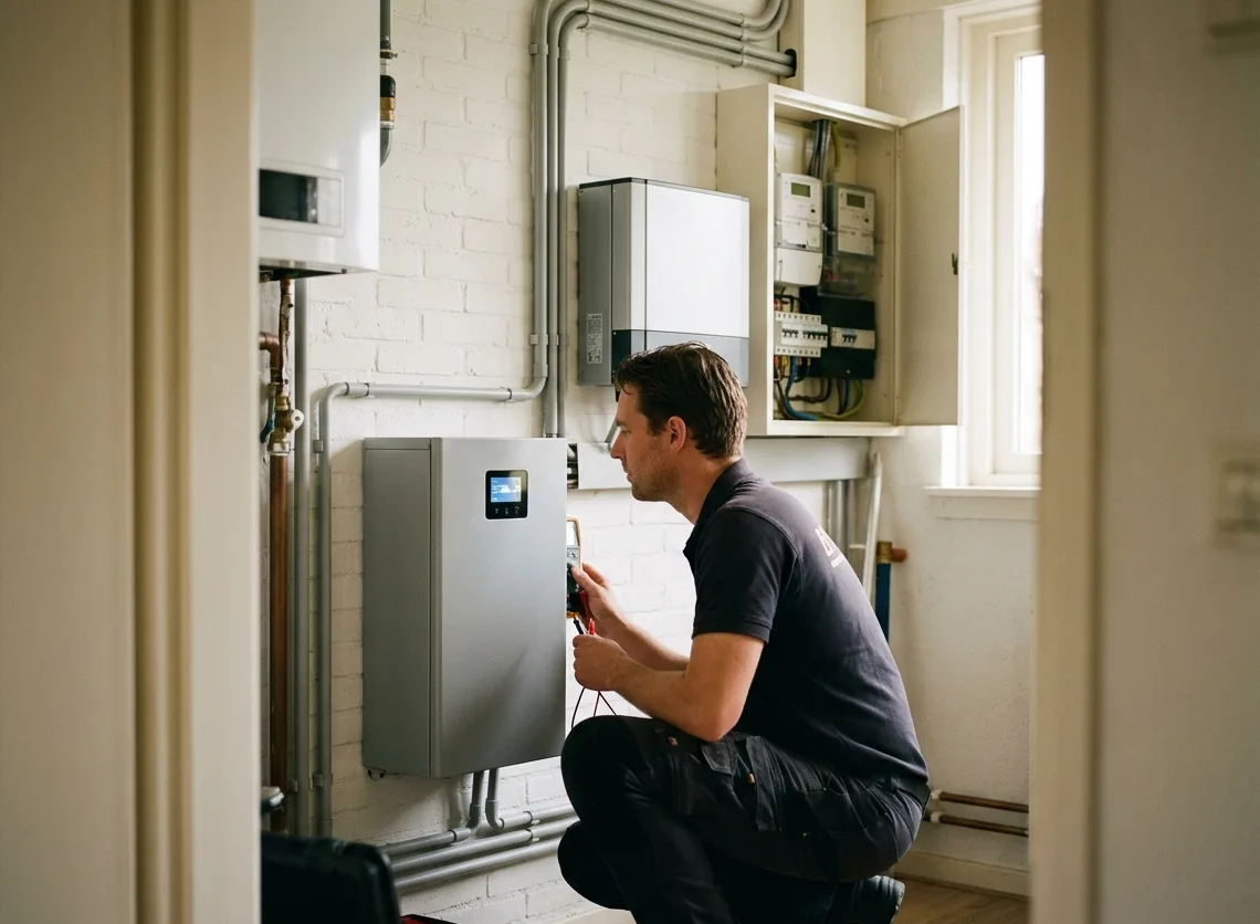 Installateur sluit een thuisbatterij aan naast de meterkast en omvormer