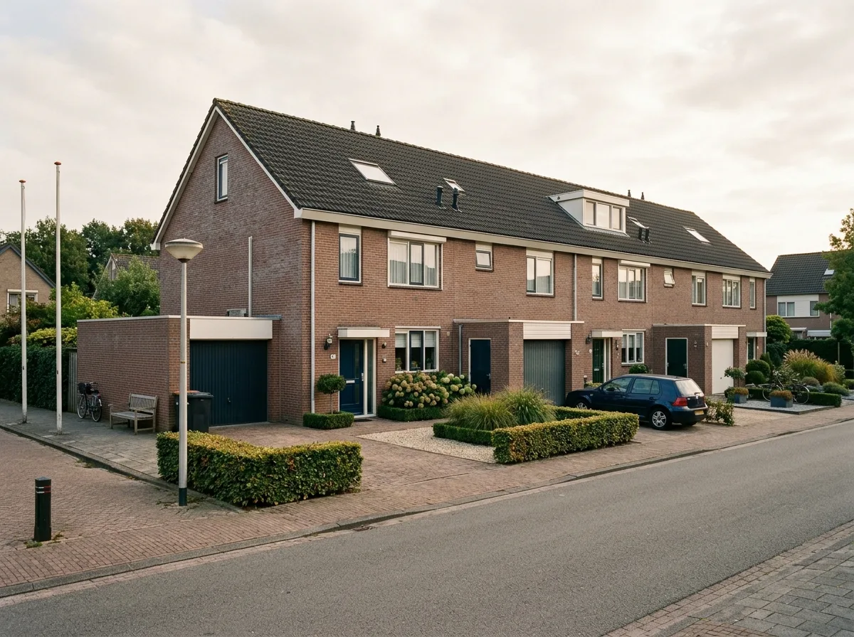 Geschakelde woningen verbonden via de garage in een Nederlandse woonwijk