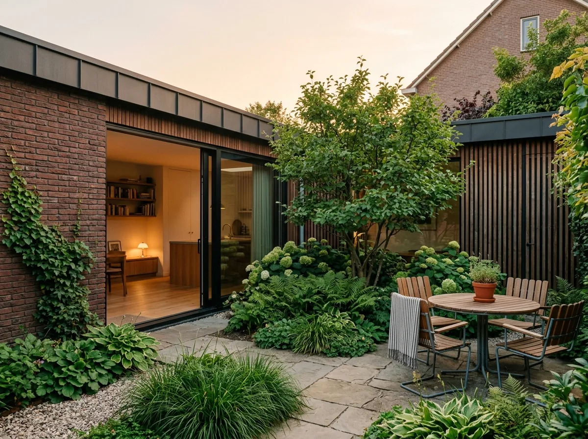 Patiowoning met binnenplaats en grote glazen schuifpui